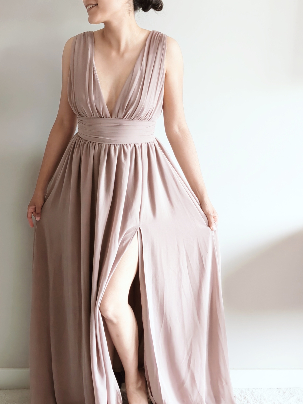 Lulus Heavenly Hues Taupe Chiffon VNeck Slit Formal Bridesmaid Maxi Dress XS